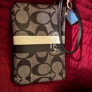 Coach Black and Cream Signature Stripe Wristlet with Blue Tag
